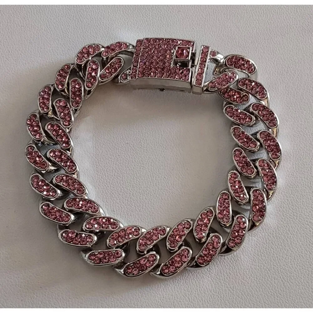 New~Trendy Goth Silver Bling Pink Pave Rhinestone Cuban Link Bracelet